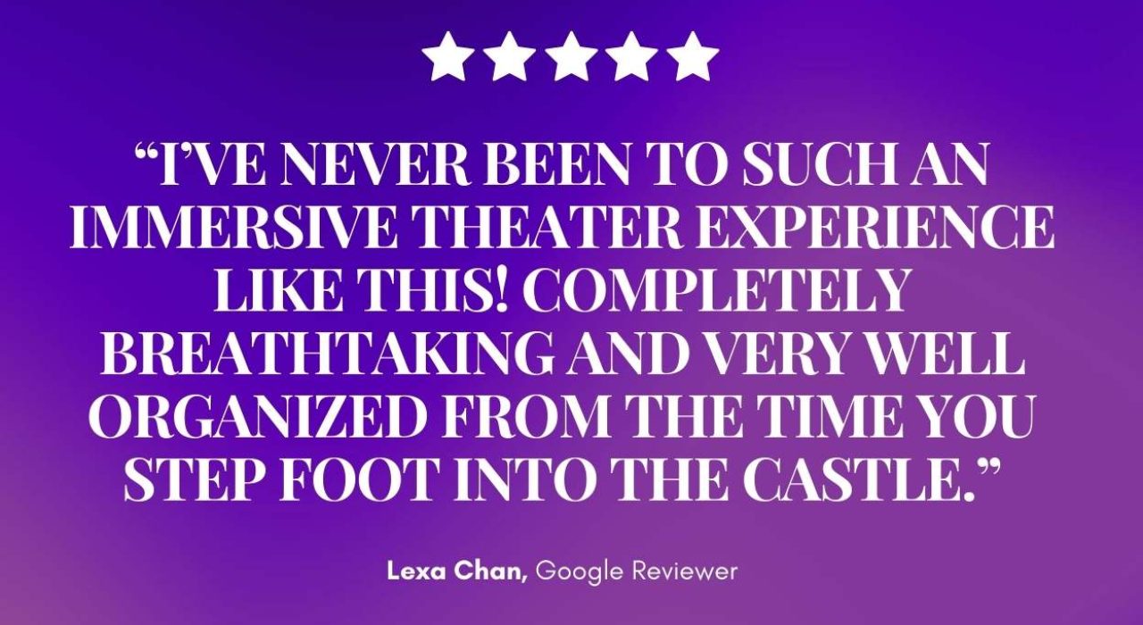 An enchanting purple backdrop showcases five white stars above a bold review praising Mirth & Mischief’s immersive theater magic. — Mirth & Mischief