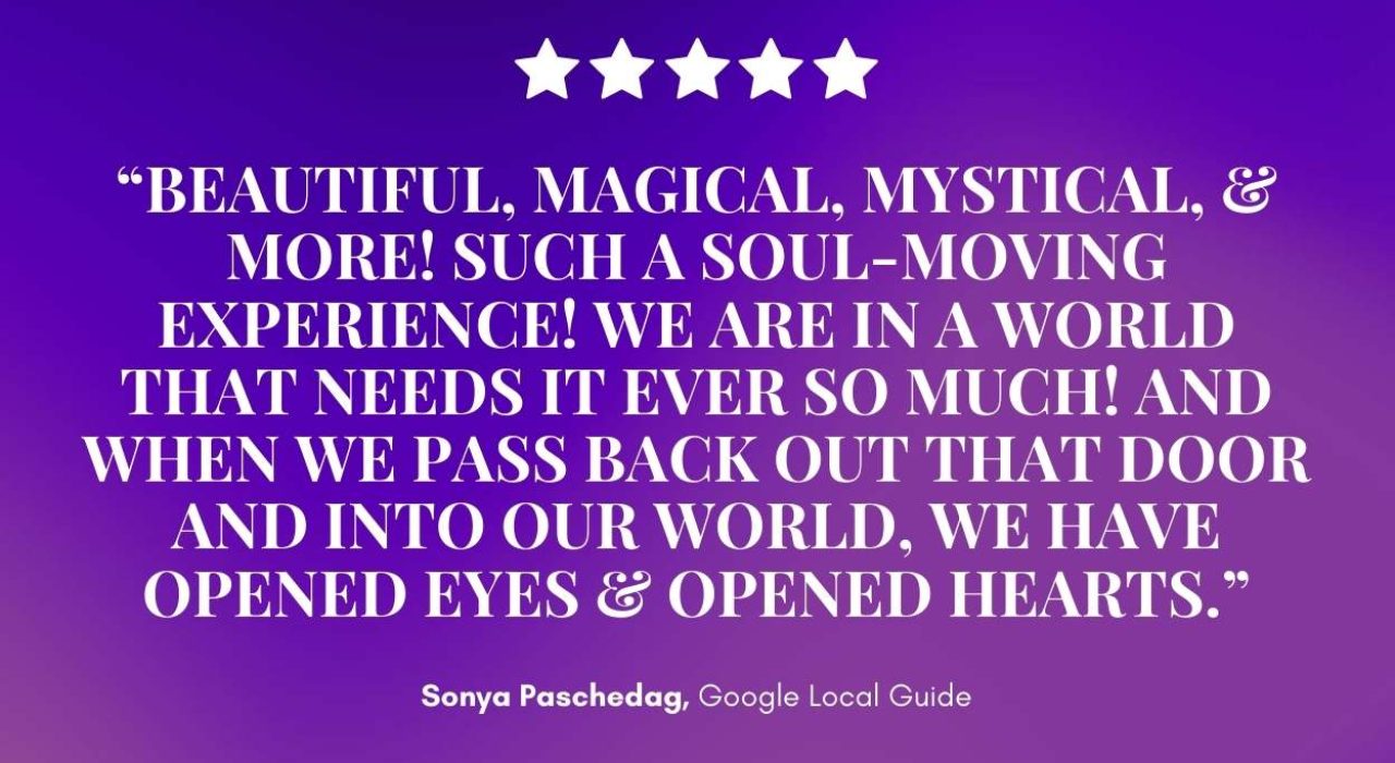 On a royal purple backdrop, five golden stars gleam above Sonya Paschedag’s glowing Mirth & Mischief review: “beautiful, magical, mystical & more—opens eyes and hearts.”. — Mirth & Mischief