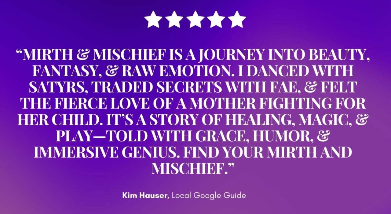 Mirth & Mischief review: On a vivid purple backdrop with five stars, bold white text hails a magical, healing fantasy; Kim Hauser reviews. — Mirth & Mischief