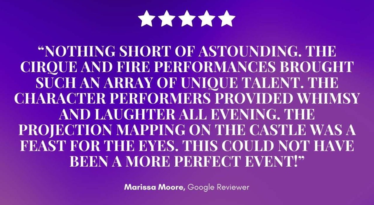 A five-star Google review on a purple background praises Mirth & Mischief’s enchanting circus acts, fire shows, and magical castle projections. — Mirth & Mischief