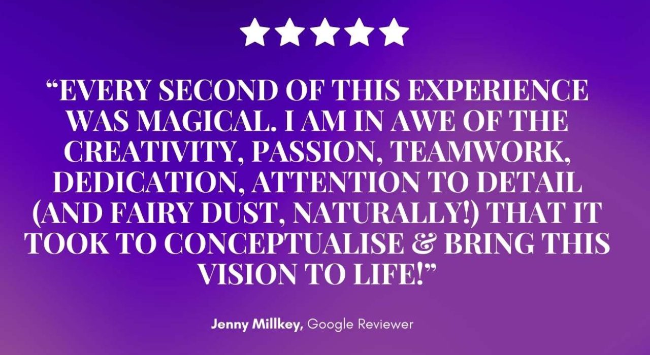 A glowing 5-star Google review for Mirth & Mischief shines on a purple background, lauding magical creativity and passion; Jenny Millkey, Google Reviewer, glows in bold white at the bottom. — Mirth & Mischief